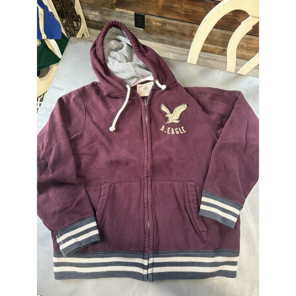 American Eagle Hoodie Zip Up Sweatshirt Wine with Gray Trim 2XL